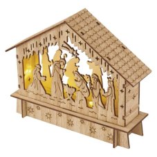 DCWW34 EMOS vánoční dekorace - betlém dřevěný LED 15x18,5x5cm, 2x AA, teplá bílá, časovač