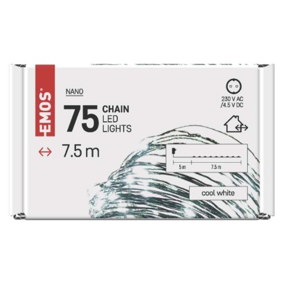 D3AC04 EMOS NANO vánoční řetěz 75 LED, zelený drát, 7,5m, časovač, studená bílá, IP44