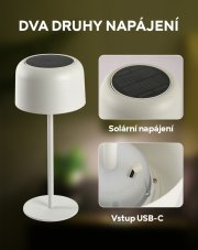 Immax 08497L CARO venkovní solární stolní lampa LED 4W 150lm 2700K-3000K IP 44, bílá, dotykové ovládání, noční podsvícení, solární, stmívatelné