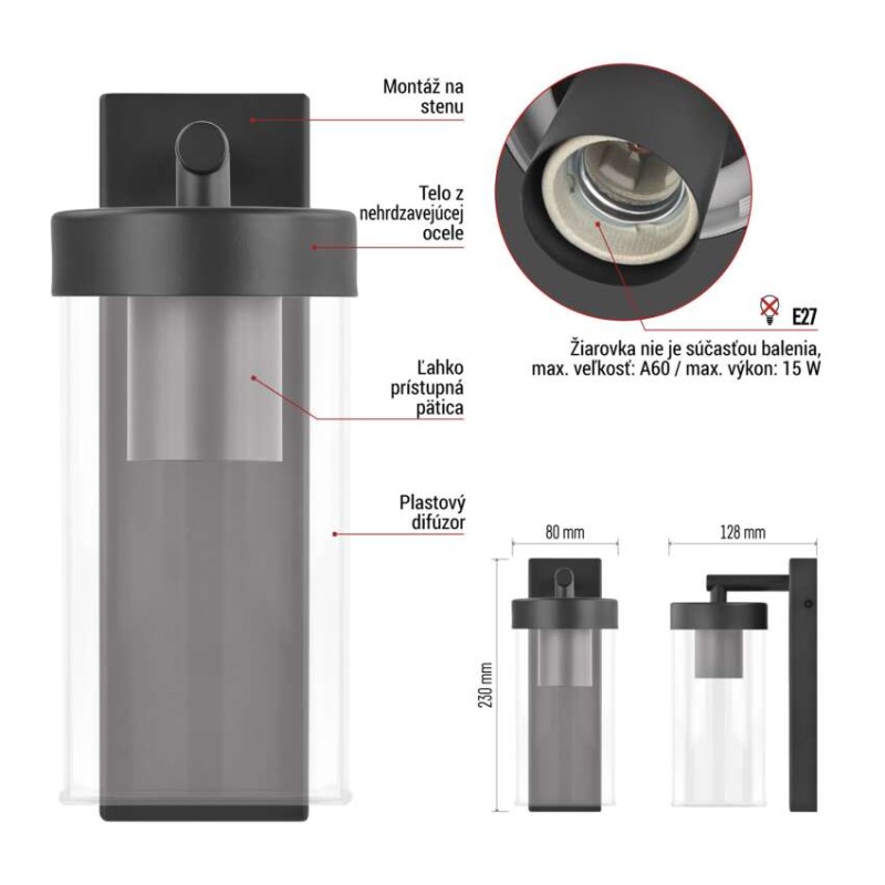 EMOS ZGC010P ZALA venkovní nástěnné svítidlo E27 128 × 80 × 230  IP44 antracit