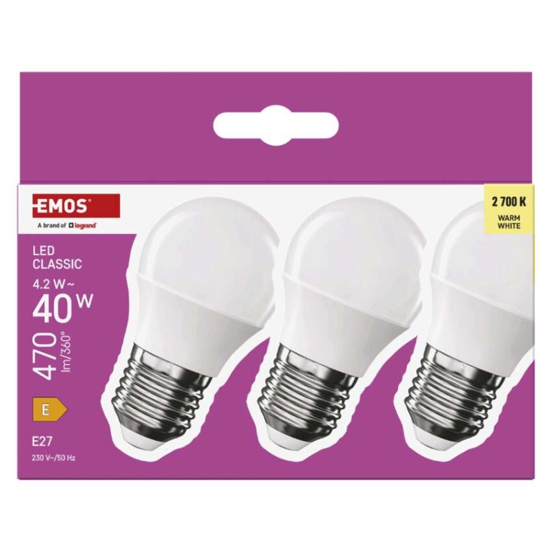 Emos ZQ6E21.3 LED žárovka E27 CLASSIC Mini Globe 4,2W 470lm 2700K 3-set