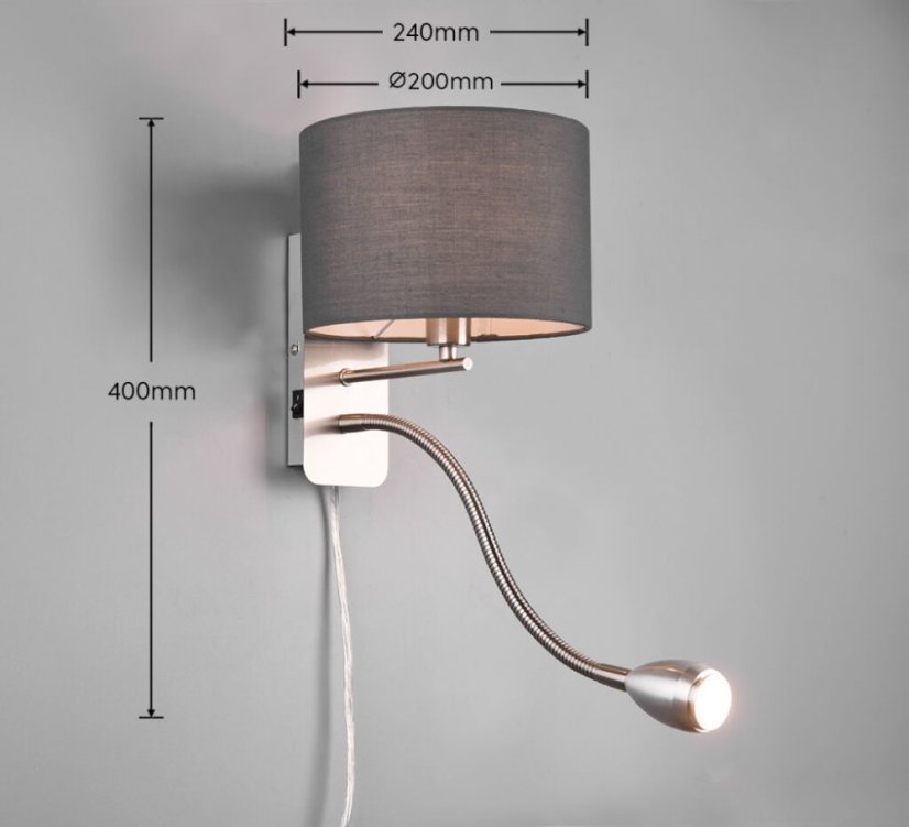 TRIO 271170211 HOTEL nástěnné svítidlo 1xE14 + 1xLED 3,1W/310lm matný nikl, šedá