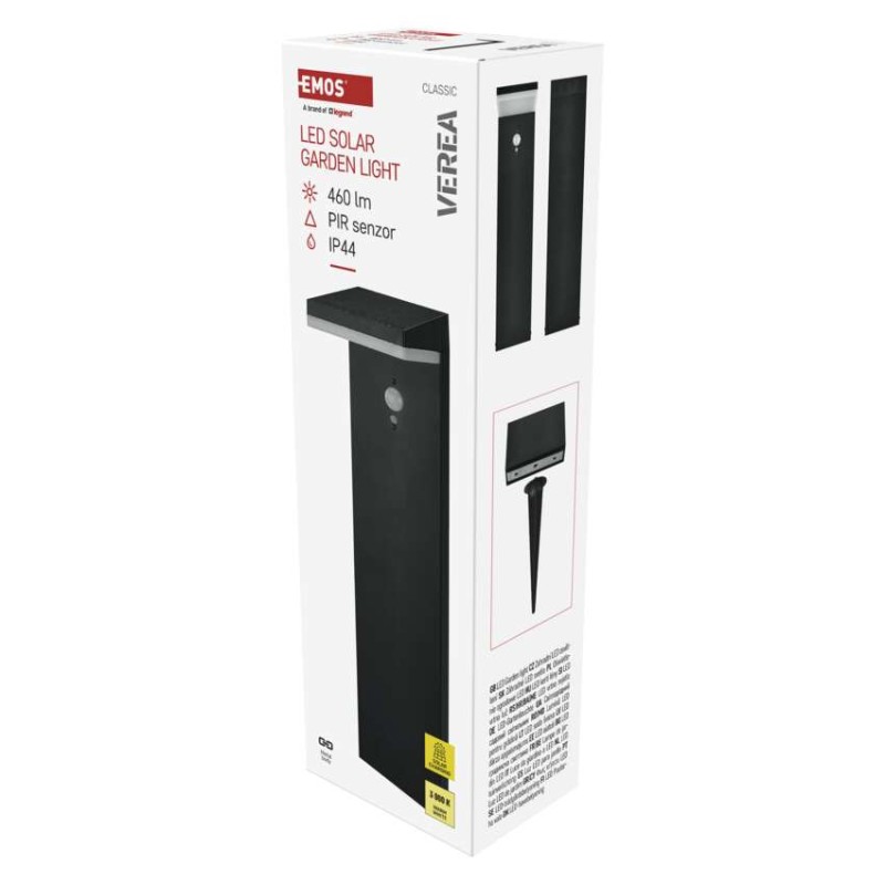 EMOS ZGK0B4S VEREA solární venkovní stojanové svítidlo/sloupek LED 154 × 107 × 500 4,4W 460lm 3000K IP44 se senzorem černá