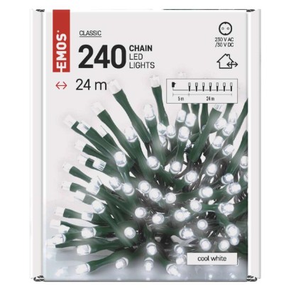 D4AC05 EMOS CLASSIC vánoční řetěz 240 LED, zelený drát, 24m, časovač, studená bílá, IP44