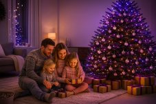 Vánoční stromek s růžovo-fialovým smart osvětlením Philips Hue Festavia a rodina v šedých a růžových vánočních svetrech při rozbalování dárků Vánoční stromek s růžovo-fialovým smart osvětlením Philips Hue Festavia a rodina v šedých a růžových vánočních svetrech při rozbalování dárků