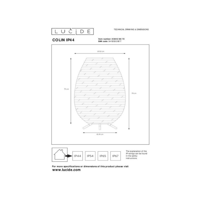 LUCIDE 03843/80/72 COLIN IP44 venkovní dekorativní svítidlo LED V790mm 3W/180lm 3000K IP44 béžová, nabíjecí baterie, 3 StepDim