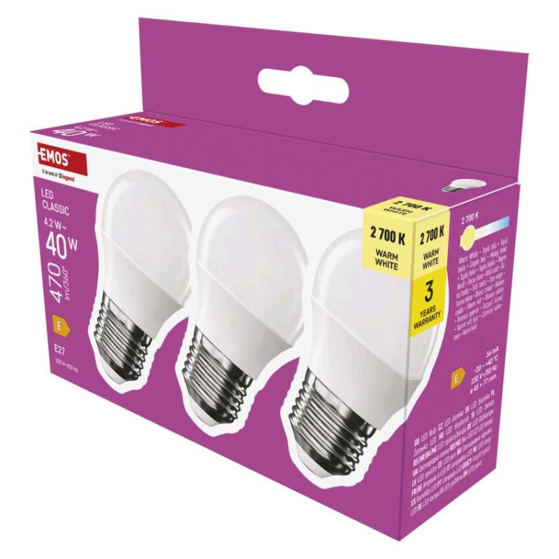 Emos ZQ6E21.3 LED žárovka E27 CLASSIC Mini Globe 4,2W 470lm 2700K 3-set