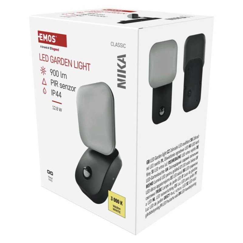 EMOS ZGE044L NIKA venkovní nástěnné svítidlo LED 120 × 120 × 200 12,8W 900lm 3000K IP44 se senzorem antracit