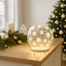 DCLW28 EMOS vánoční dekorace - skleněná koule s vločkami LED D120mm, 3x AA, teplá bílá, časovač