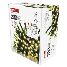 EMOS D4CW01 vánoční řetěz - rampouchy CLASSIC 200 LED 3,6m 3,6W teplá bílá, IP44, barva drátu - zelená, časovač, adaptér