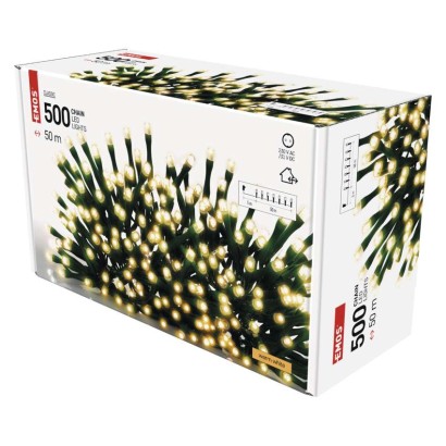 D4AW06 EMOS CLASSIC Vianočná reťaz 500 LED, zelený drôt, 50m, časovač, teplá biela, IP44