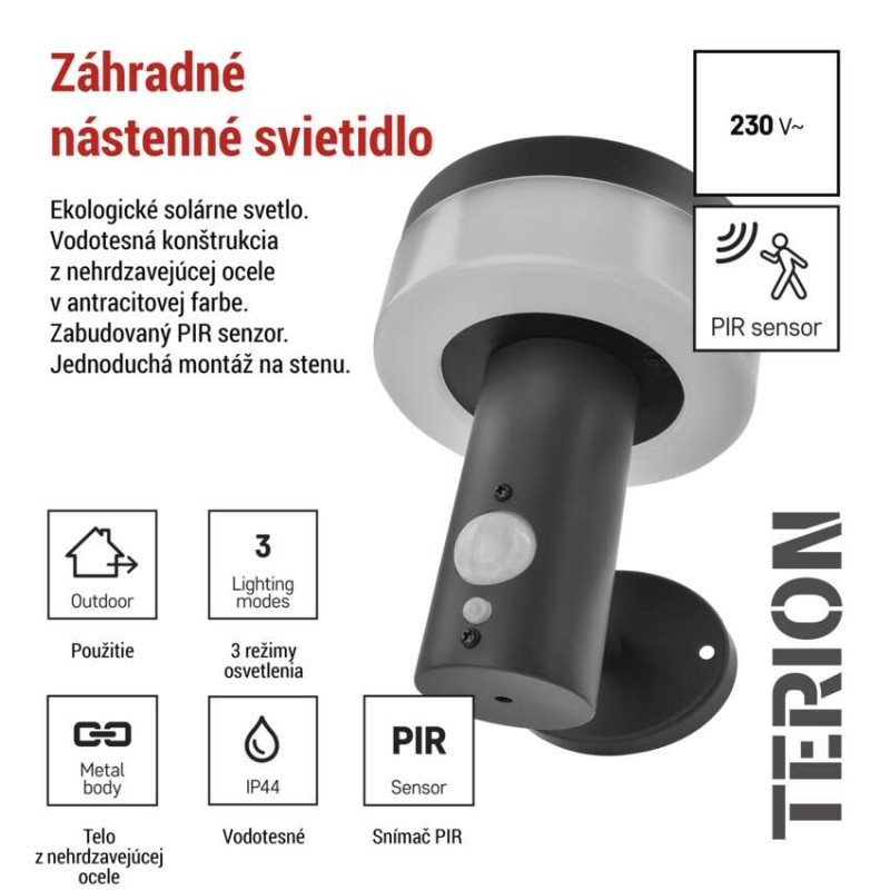 EMOS ZGJ044S TERION solární venkovní nástěnné svítidlo LED 147 × 125 × 146 2W 200lm 3000K IP44 se senzorem antracit