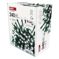EMOS D4AC25 vánoční řetěz CLASSIC 240 LED 24m 3,6W studená bílá, IP44, barva drátu - zelená, časovač, adaptér