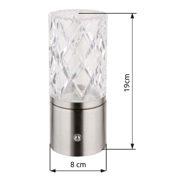 GLOBO 21010N LUNKI dotyková stolná lampička V190mm LED 2,5W/185lm 2700+6500+4000K matný nikel, priehľadná, vrátane batérie CR18650 1800mAh 3,7V, USB-A 2.0 - USB-C