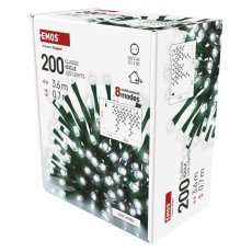 EMOS D4CC01 vánoční řetěz - rampouchy CLASSIC 200 LED 3,6m 3,6W studená bílá, IP44, barva drátu - zelená, adaptér