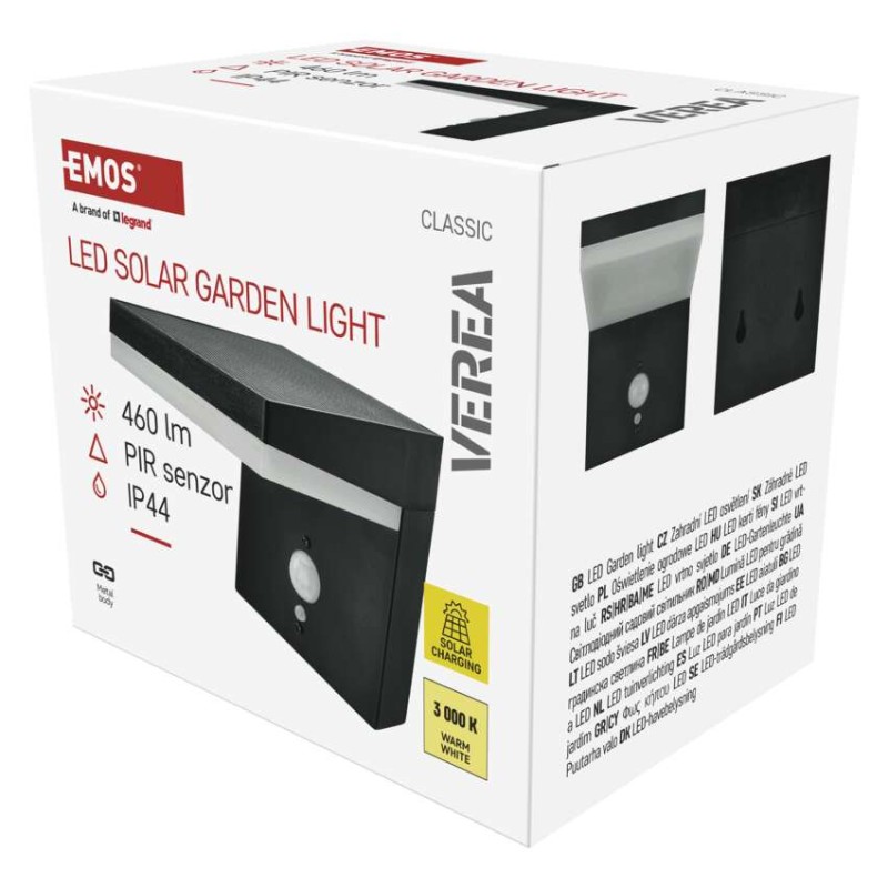 EMOS ZGK044S VEREA solární venkovní nástěnné svítidlo LED 154 × 107 × 130 4,4W 460lm 3000K IP44 se senzorem černá