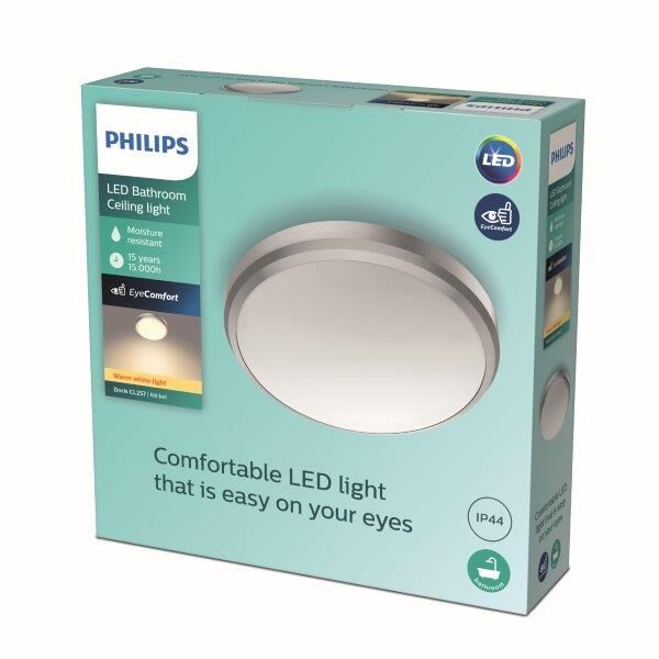 Philips Doris LED CL257 Stropné svítidlo do koupelny kruhové 6W/600lm 220mm 2700K IP44 nikl