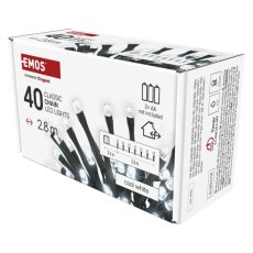 EMOS D4FC01 vánoční řetěz CLASSIC 40 LED 2,8m 0,5W studená bílá, IP44, barva drátu - černá, časovač, 3xAA excl.