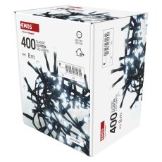 EMOS D4BC02 vánoční řetěz CLASSIC 400 LED 8m 3,6W studená bílá, IP44, barva drátu - černá, časovač, adaptér