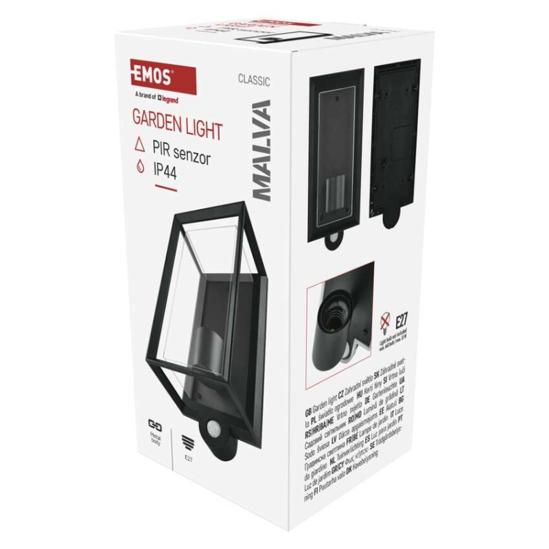 EMOS ZGH040P MALVA venkovní nástěnné svítidlo E27 130 × 120 × 280  IP44 se senzorem černá
