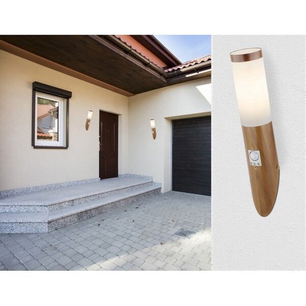 GLOBO 3157SW BOSTON vonkajšie nástenné svietidlo so senzorom D76mm 1xE27 IP44 imitácia dreva, opál