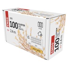 D3FW01 EMOS NANO Vianočná reťaz klaster 100 LED, strieborný drôt, 2,4m, 3xAA, časovač, teplá biela