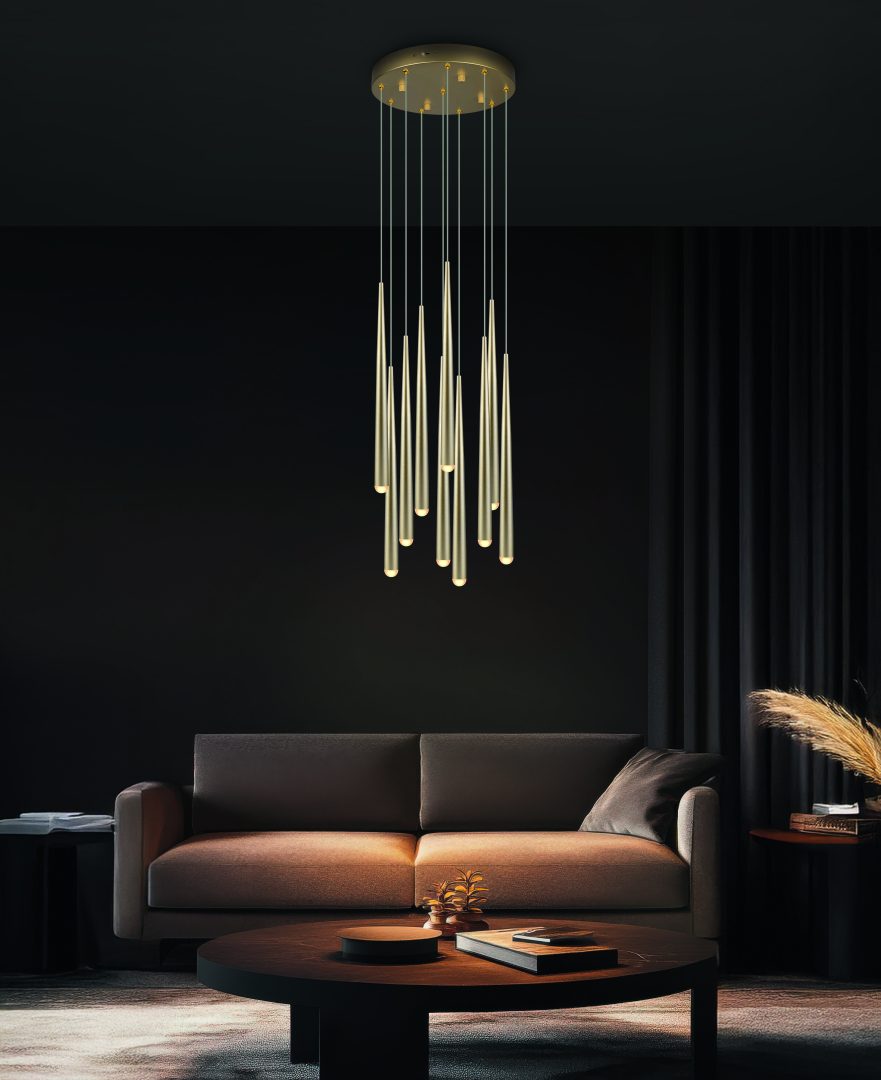 Závěsné svítidlo Rodinka CALA – luxusní LED lustr se zlatými trubicemi pro moderní interiéry ve stylu Trio Select