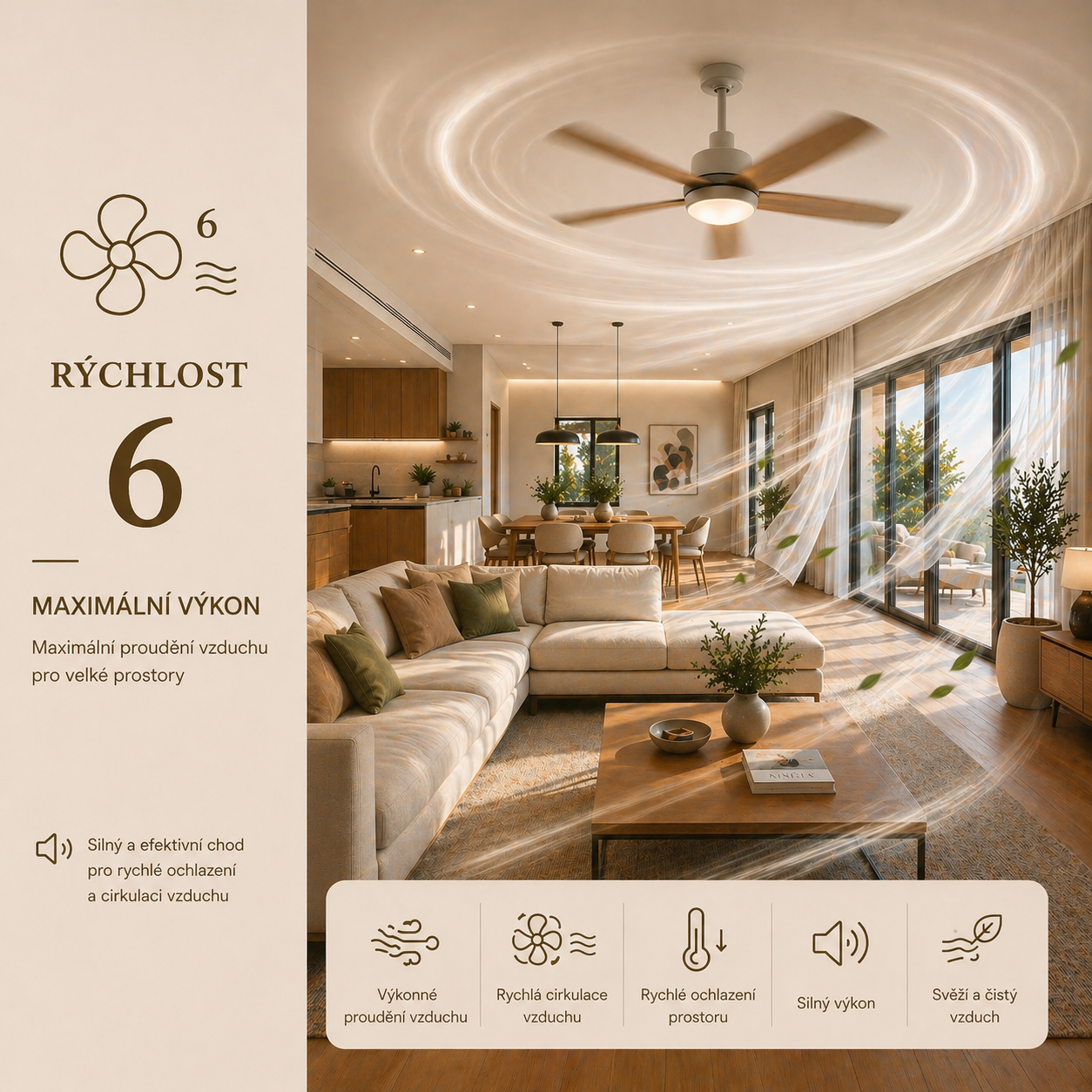 Stropní ventilátor na maximální 6. rychlosti – výkonný proud vzduchu pro okamžité větrání a osvěžení velkých prostor.