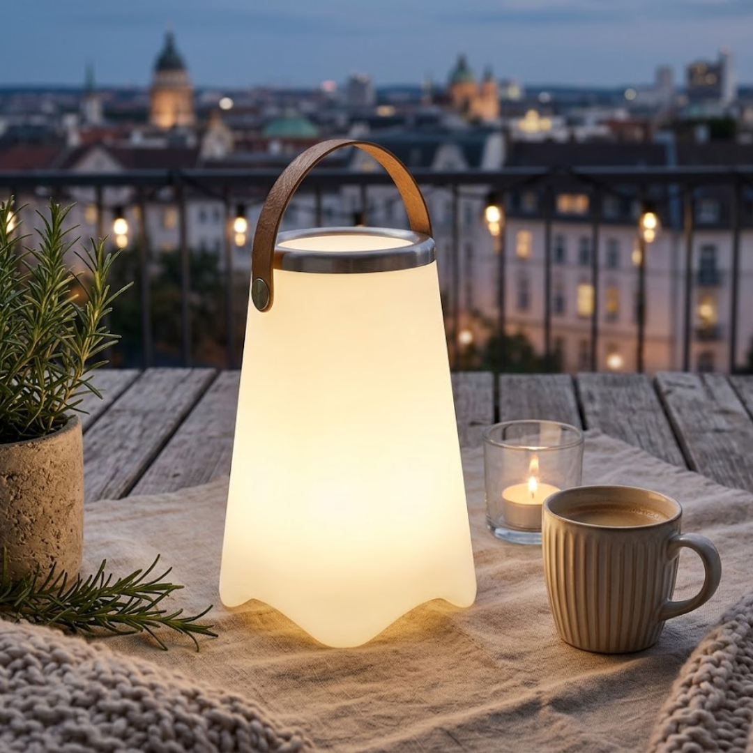 Nabíjateľná vonkajšia stolová lampa na terase