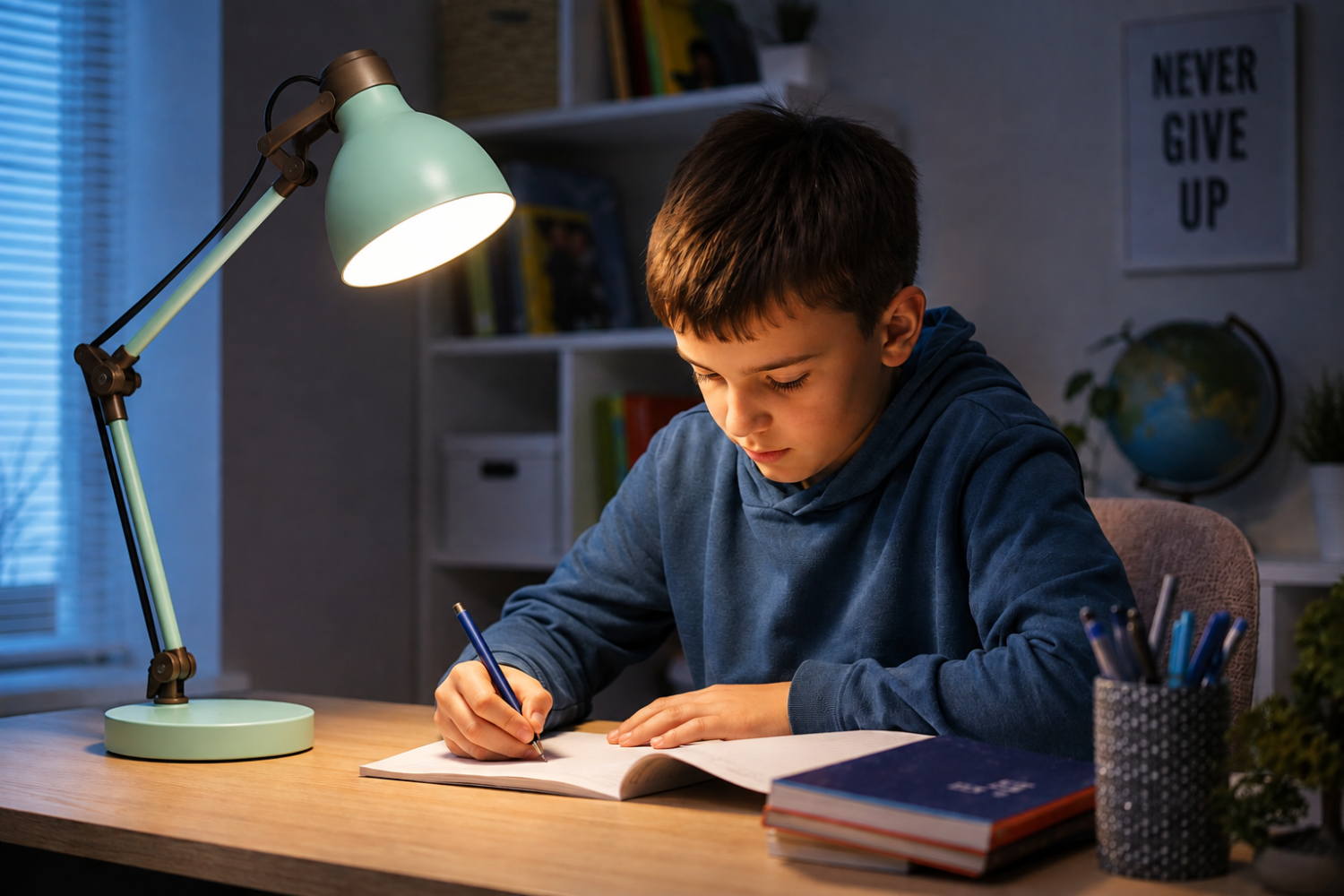 Osvětlení psacího stolu pro školáka pomocí LED stolní lampy