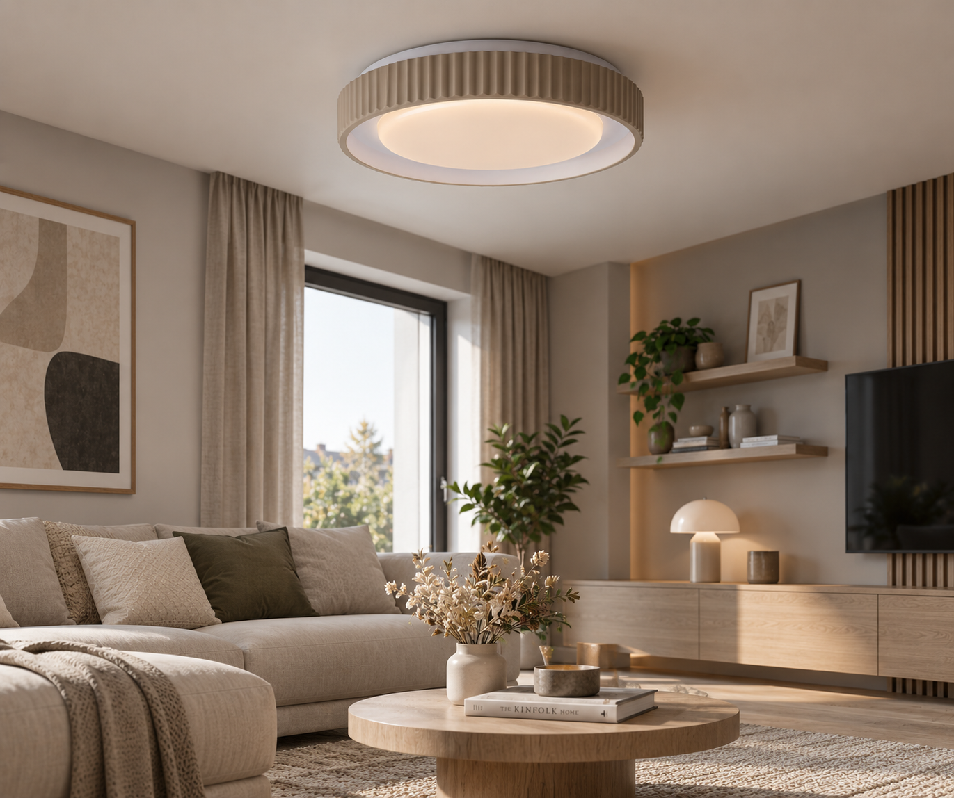 Greige stropní LED svítidlo Rabalux Pastello 71345 v moderním obývacím pokoji