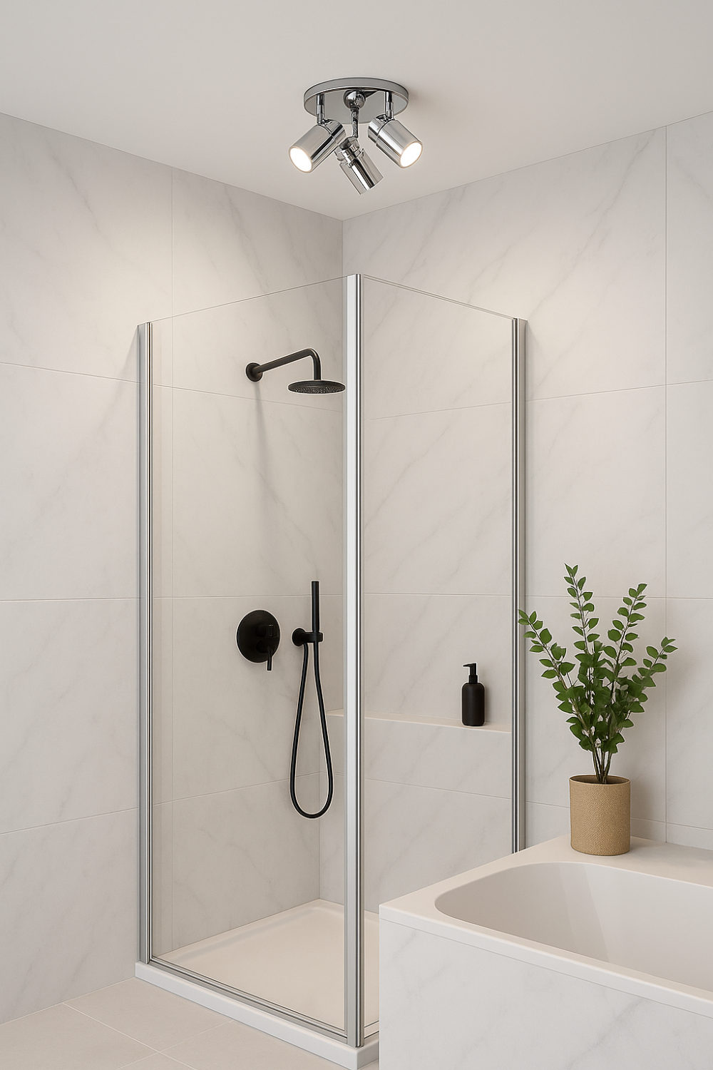 Chromová bodová svítidla (spoty) na stropě koupelny se sprchovým koutem