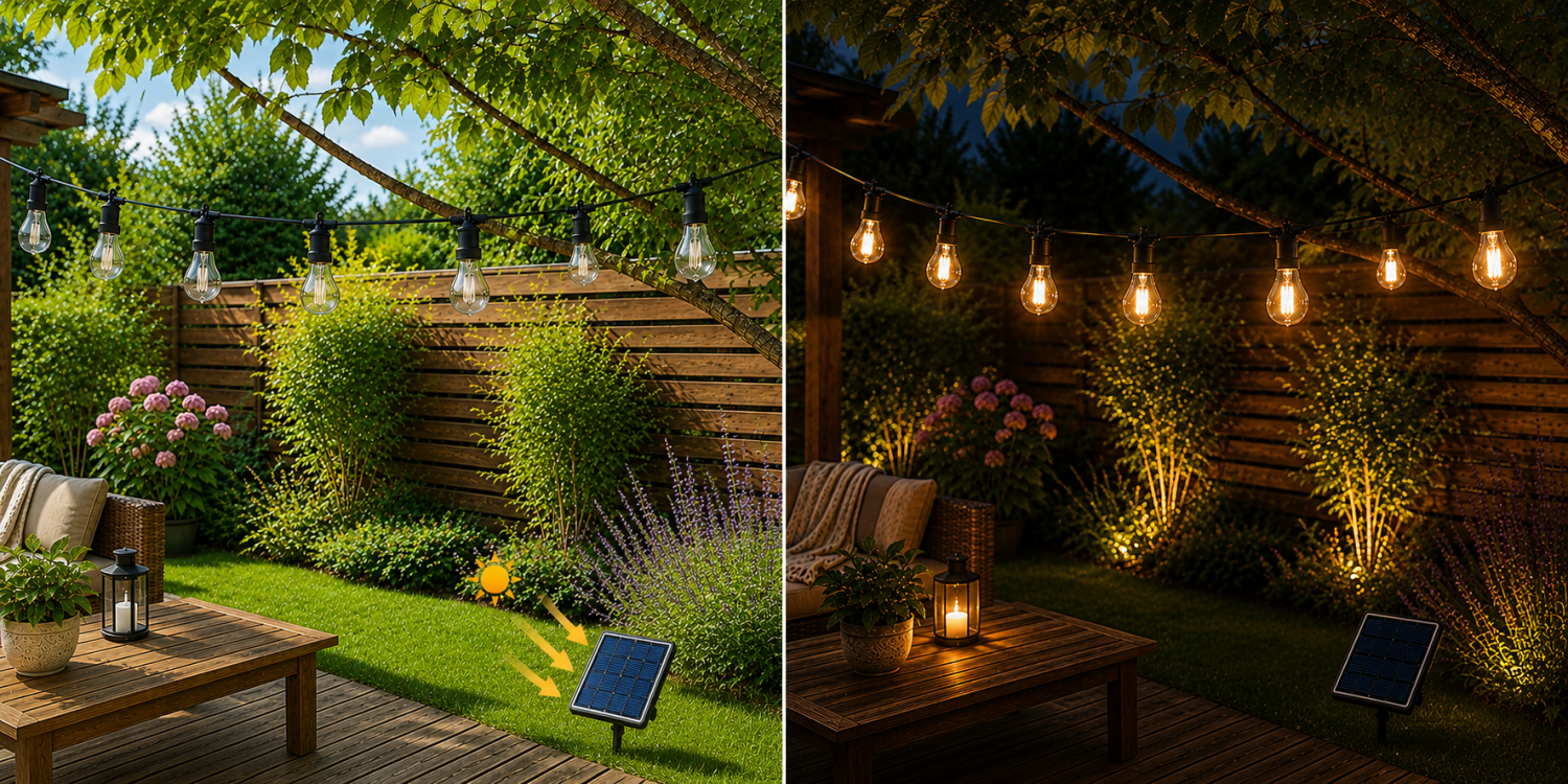 Solární LED girlandy v zahradě s jemným večerním osvětlením