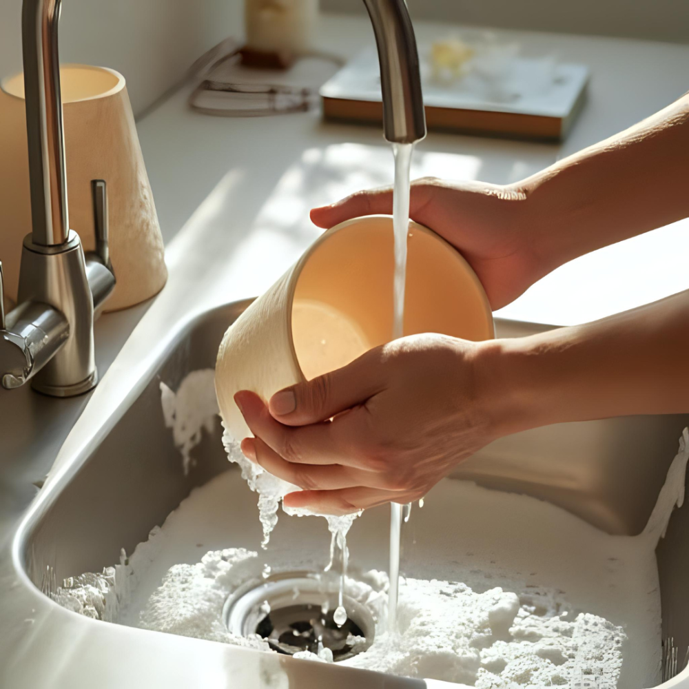 Krémové stínidlo umývané v kuchyňském dřezu jemným saponátem