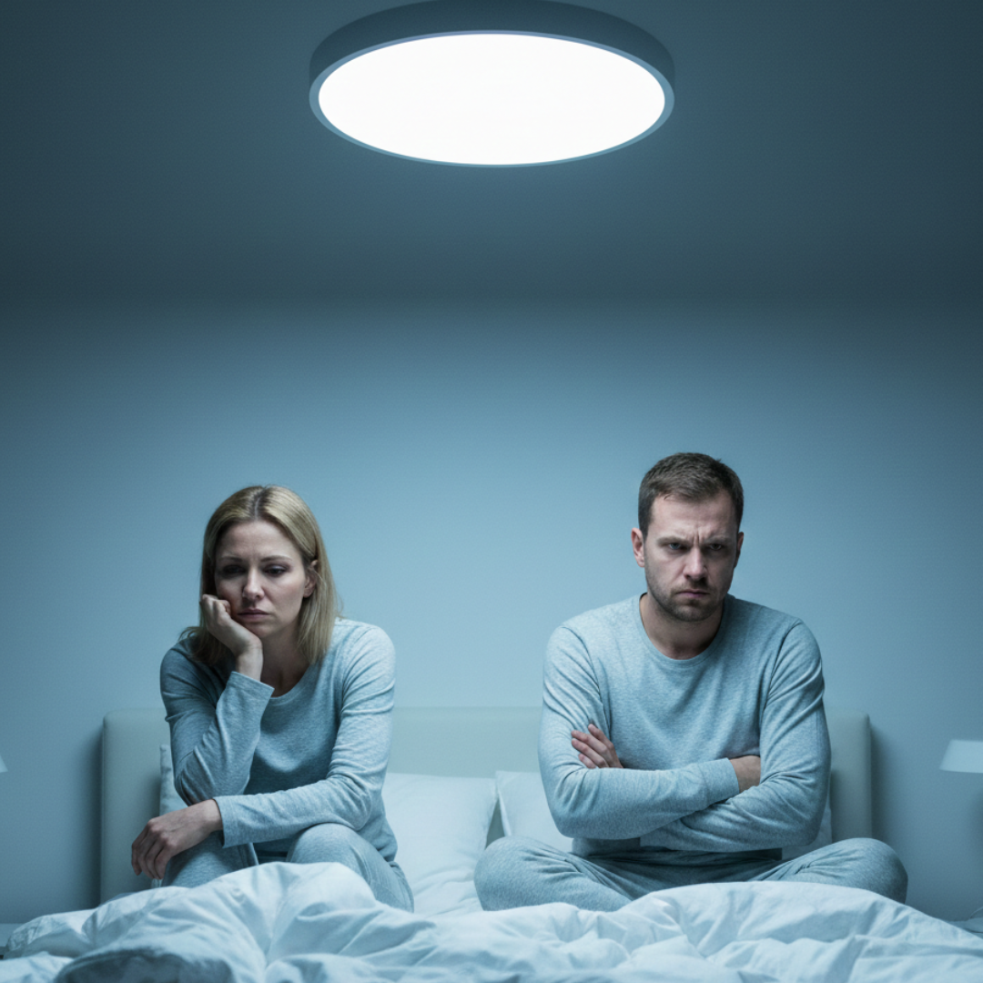 Studené stropné LED svietidlo v spálni – ostré svetlo vytvára tvrdé tiene a ničí romantickú atmosféru