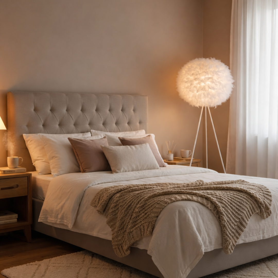 Designová stojací lampa s textilním stínidlem v ložnici v odstínu Cloud Dancer