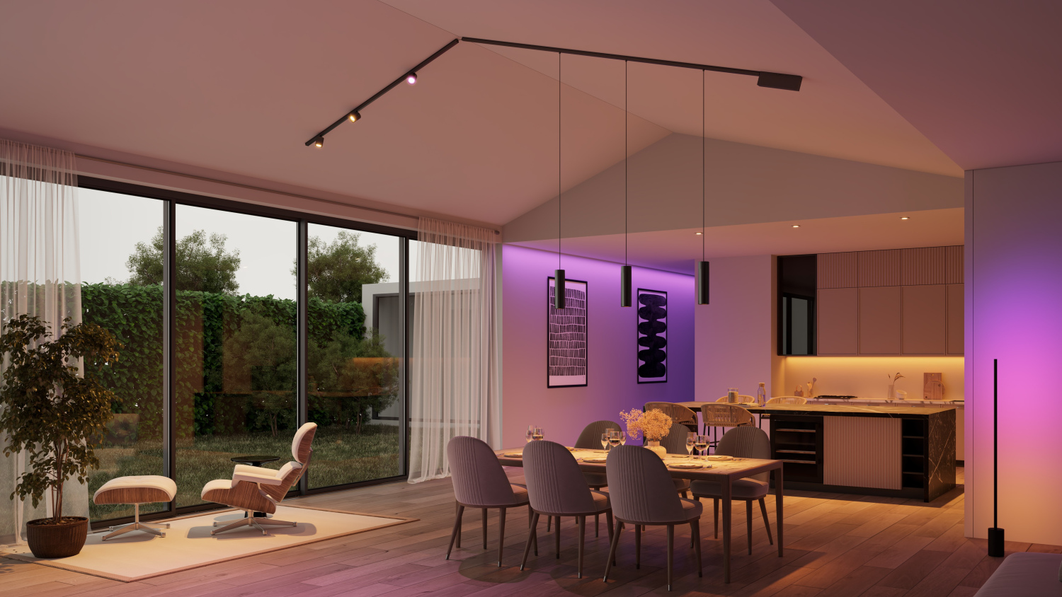 Černý kolejnicový systém Philips Hue Perifo v moderní jídelně