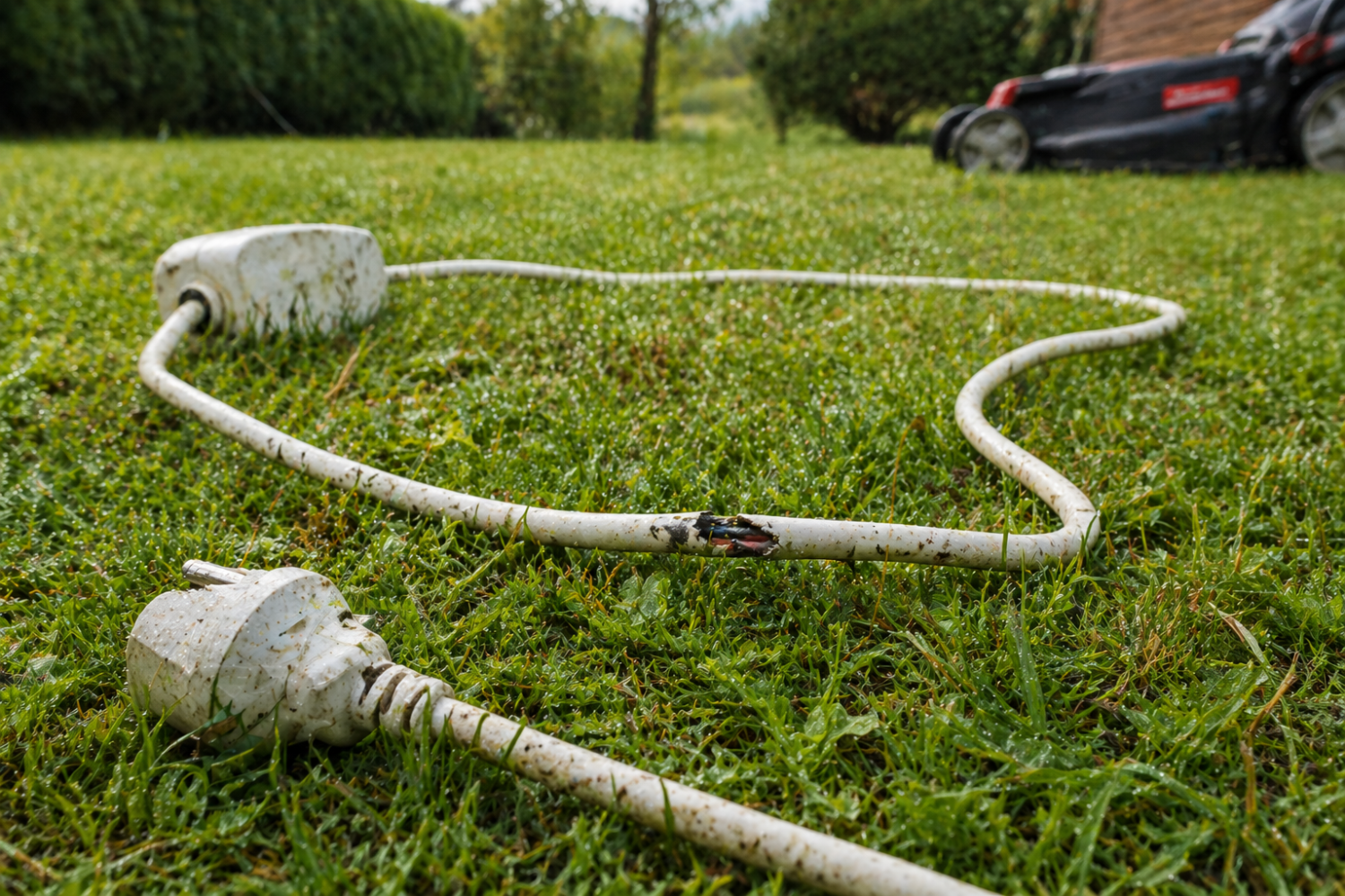 Bílý interiérový prodlužovací kabel položený ve vlhké trávě