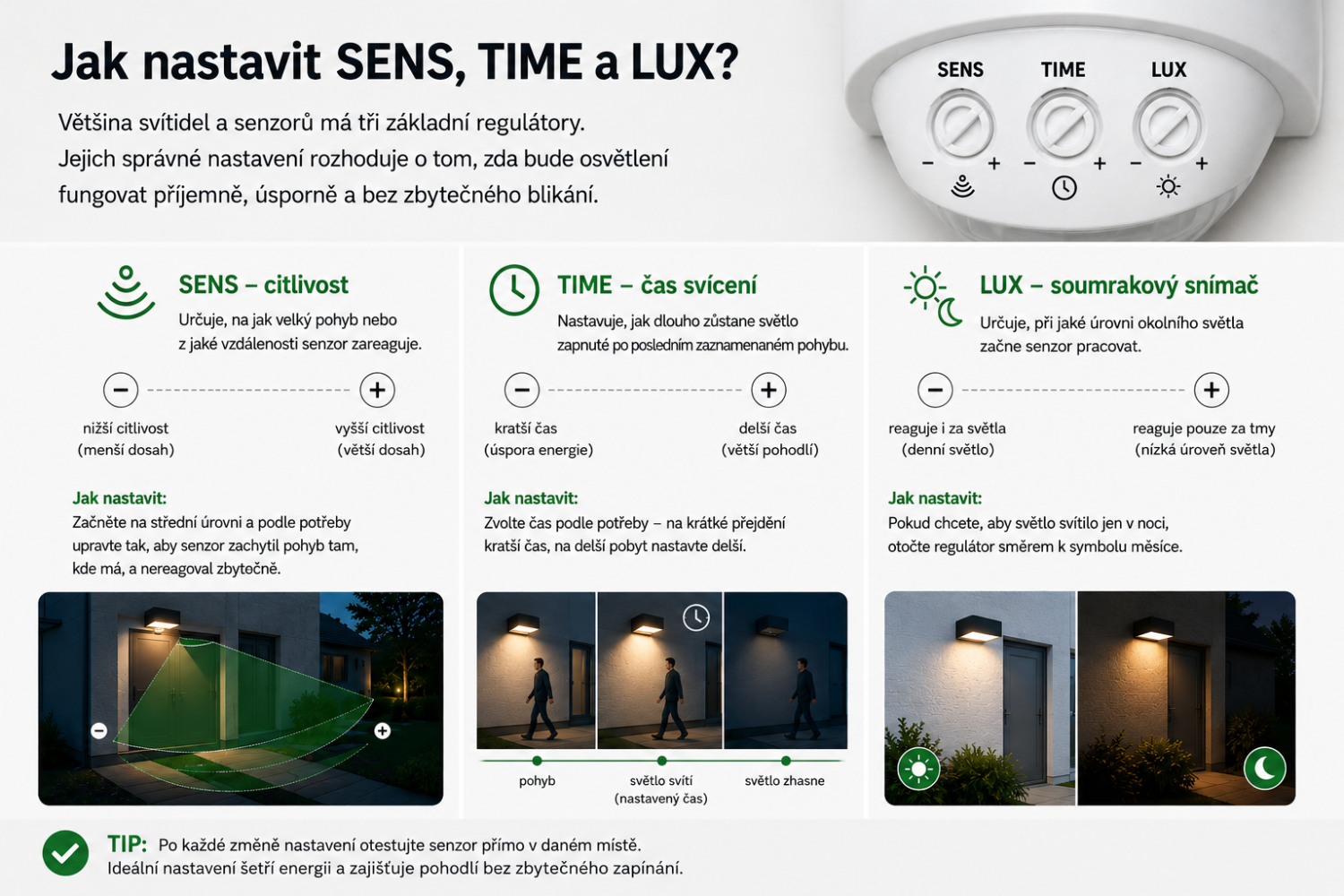 Jak nastavit citlivost SENS, čas svícení TIME a soumrakový snímač LUX na pohybovém senzoru