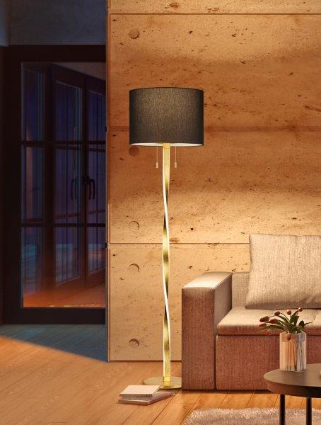 Designová moderní stojací lampa do obývacího pokoje s lesklou zlatou nohou, s luxusním vzhledem a látkovým stínítkem