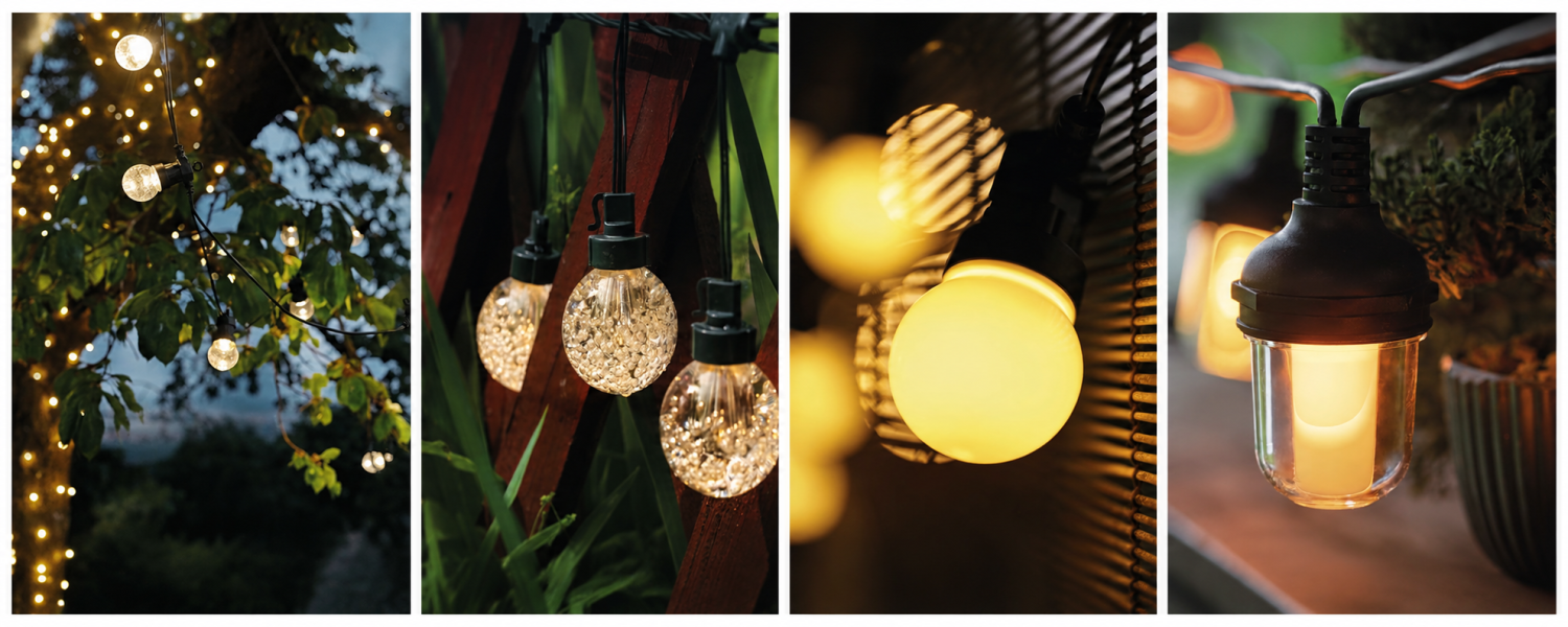 LED párty řetězy s vintage žárovkami na moderní pergole