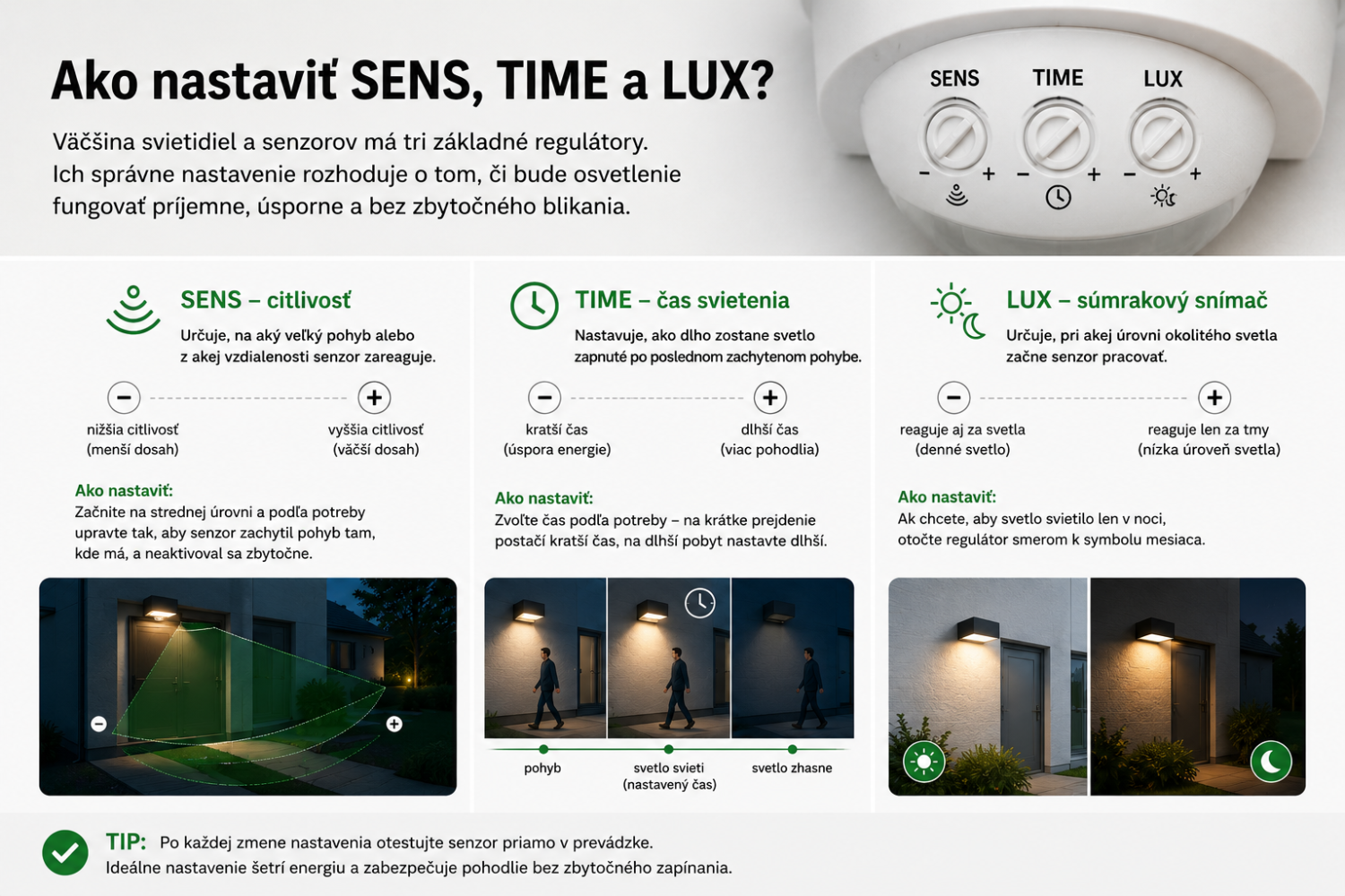 Ako nastaviť citlivosť SENS, čas svietenia TIME a súmrakový snímač LUX na pohybovom senzore