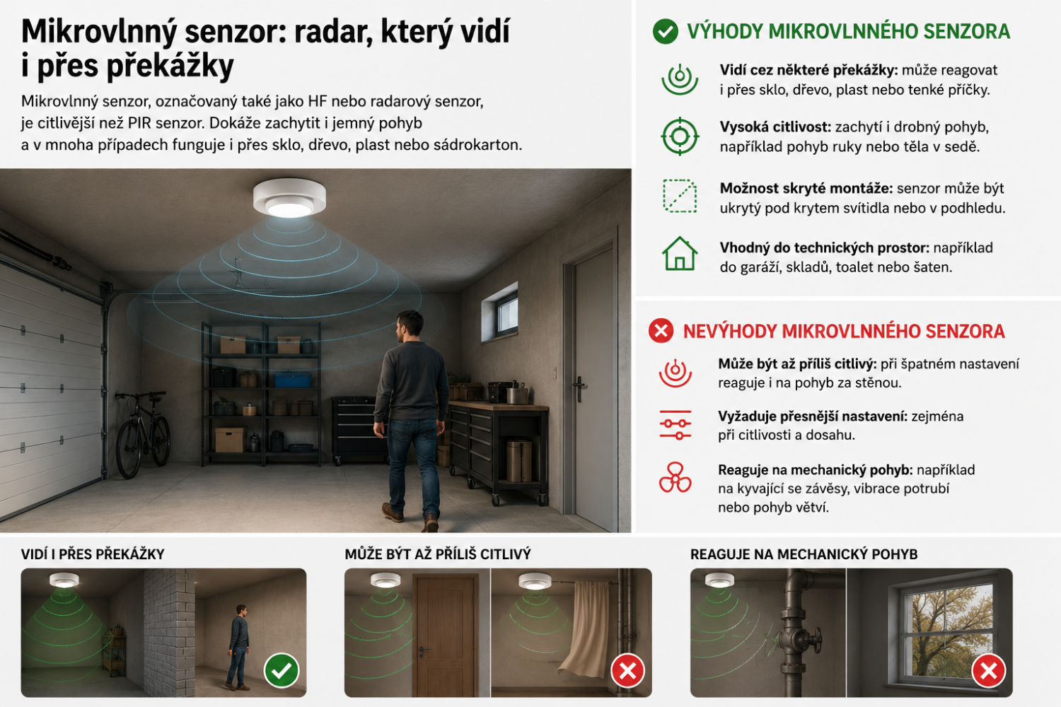 Mikrovlnný radarový pohybový senzor s vysokou citlivostí pro chodby, garáže a technické prostory