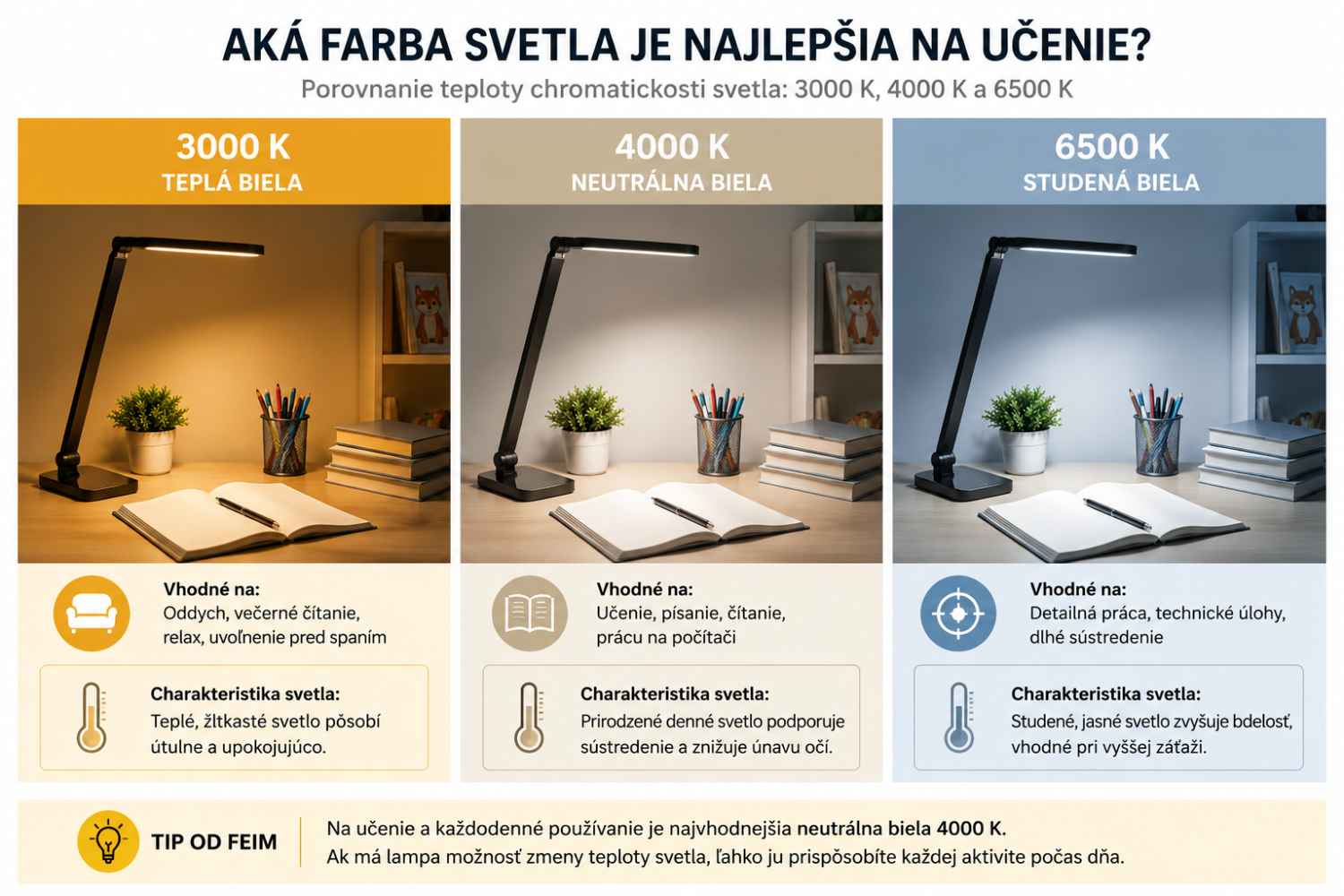 Porovnanie teplej neutrálnej a studenej bielej farby svetla 3000 K 4000 K a 6500 K