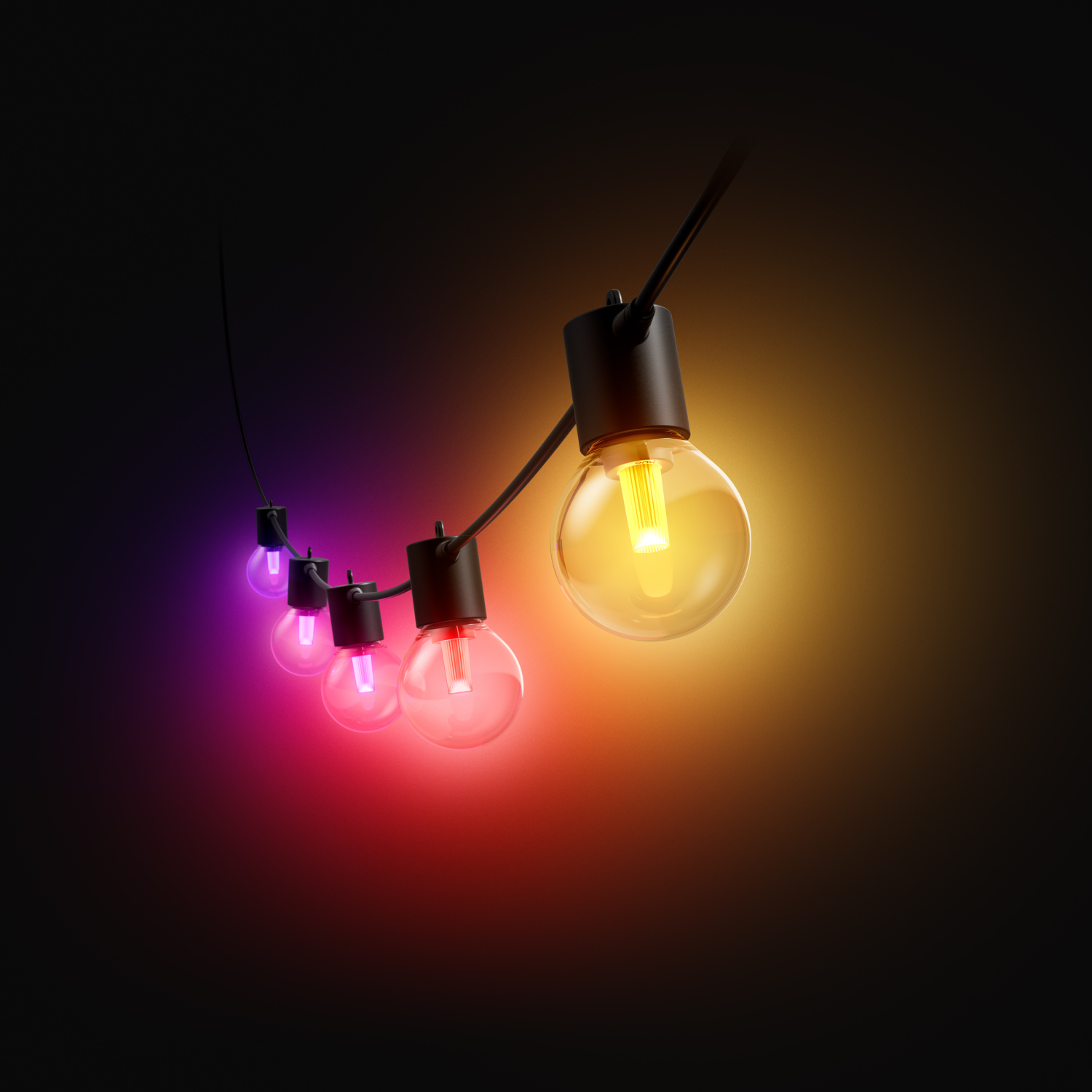 Noční osvětlení na terase pomocí Philips Hue Festavia Globe, barevný světelný řetěz v odstínech oranžové, růžové a fialové