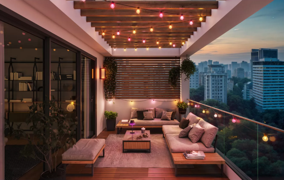 Noční posezení na terase osvětlené kulovými LED řetězy Philips Hue Festavia Globe v růžových, žlutých a fialových tónech