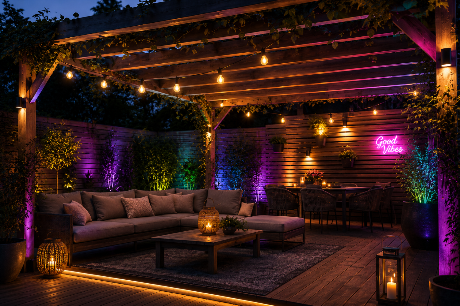 Stylová pergola s kombinací vintage a smart LED osvětlení