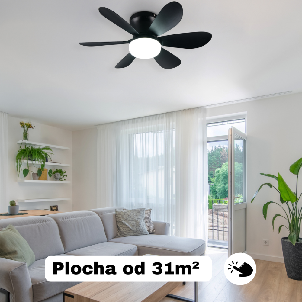 černý stropní ventilátor do obývacího pokoje s plochou od 31 metrů čtverečních