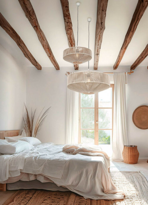 Lustr do ložnice v přírodním stylu – bílé textilní závěsné svítidlo s dřevěnými trámy