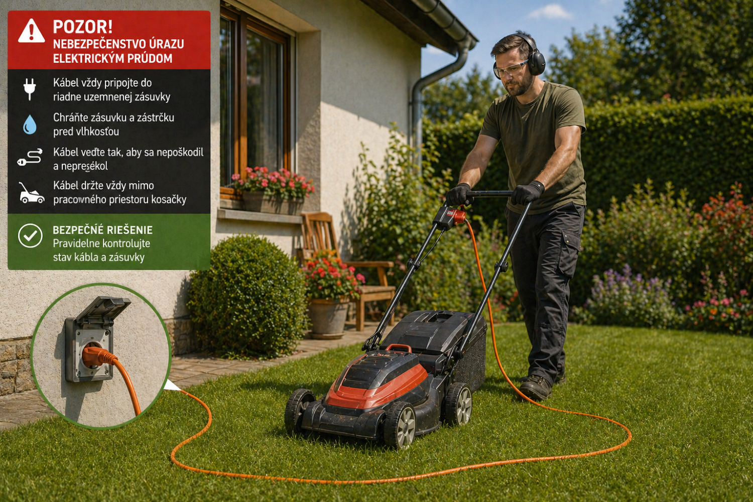 Slovenská bezpečnostná infografika ku koseniu s elektrickou kosačkou a oranžovým káblom